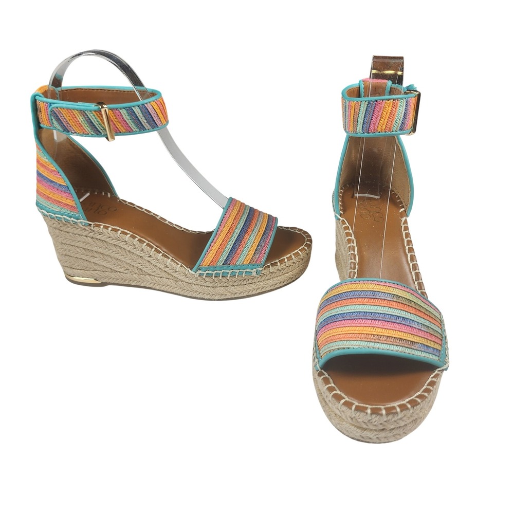 Franco Sarto Clemens Rainbow Striped Espadrille Wedge Sandals Womens 7.5M Casual